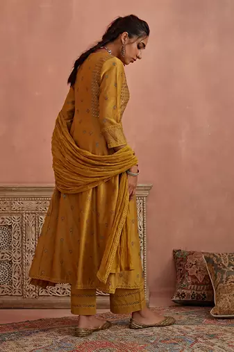 Mustard thread embroidered a line kurta set