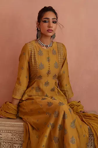 Mustard thread embroidered a line kurta set