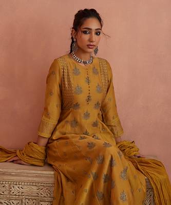 Mustard thread embroidered a line kurta set 5