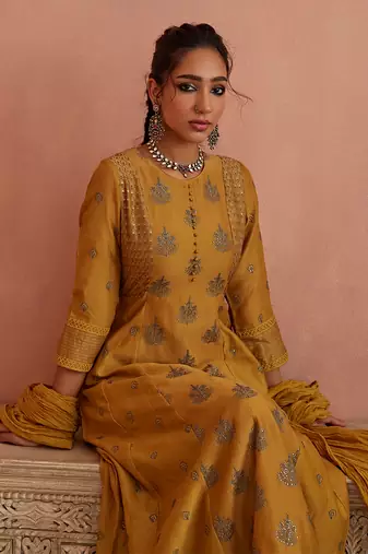 Mustard thread embroidered a line kurta set