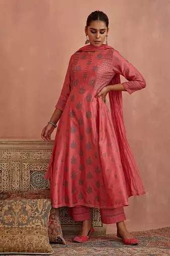 Coral thread embroidered a line kurta set