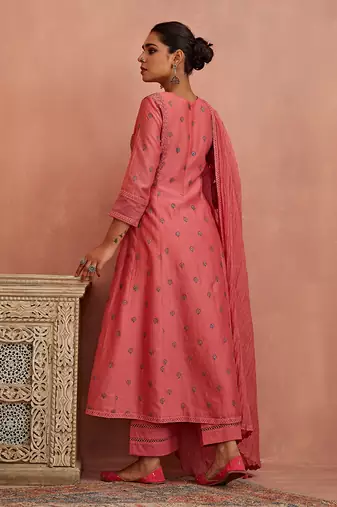 Coral thread embroidered a line kurta set