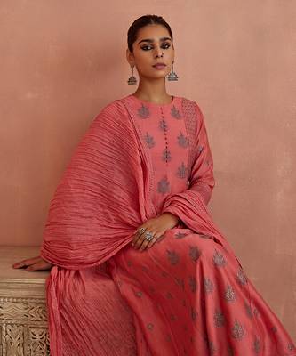 Coral thread embroidered a line kurta set 5
