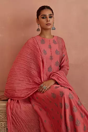 Coral thread embroidered a line kurta set