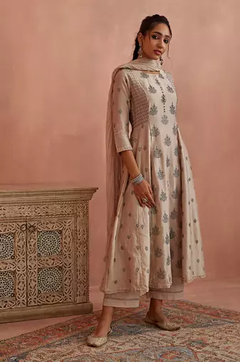 Ivory thread embroidered a line kurta set