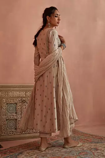 Ivory thread embroidered a line kurta set