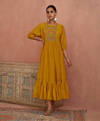 Yellow multi thread flower embroidery tunic 1