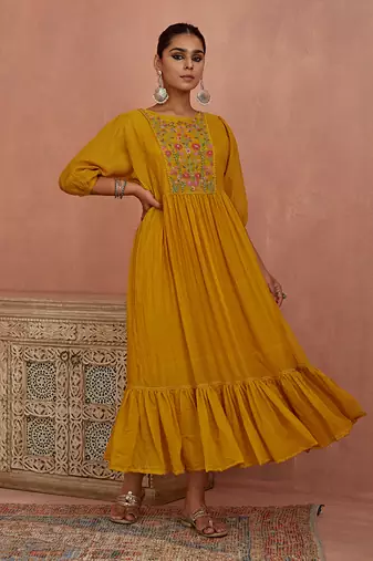 Yellow multi thread flower embroidery tunic