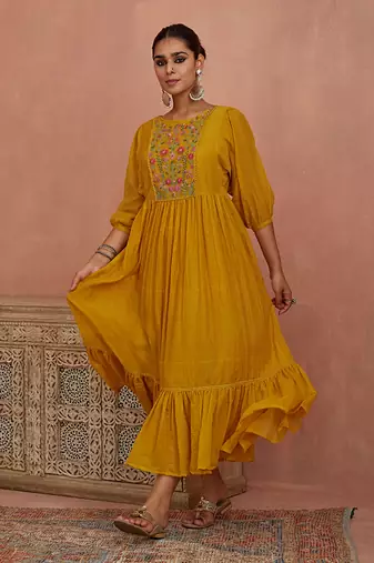 Yellow multi thread flower embroidery tunic