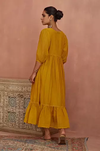 Yellow multi thread flower embroidery tunic