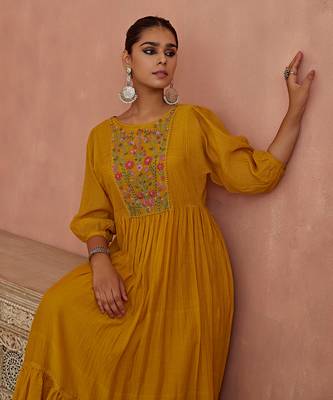 Yellow multi thread flower embroidery tunic 5