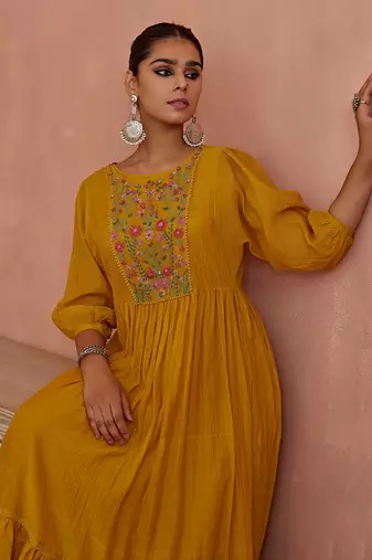 Yellow multi thread flower embroidery tunic