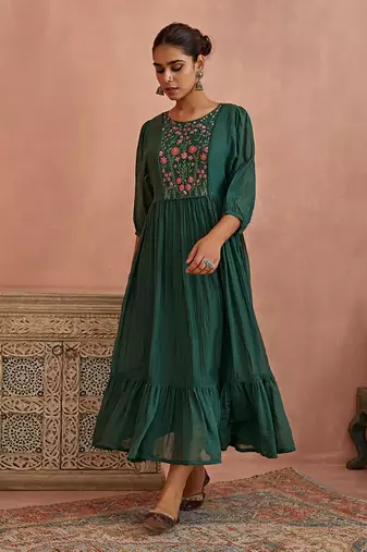 Teal multi thread flower embroidery tunic