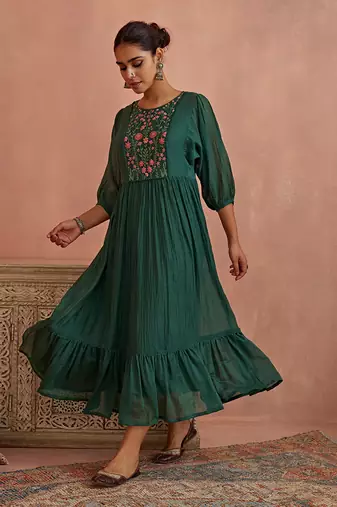 Teal multi thread flower embroidery tunic
