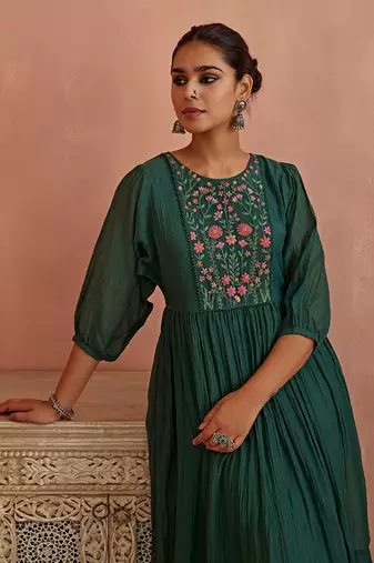 Teal multi thread flower embroidery tunic