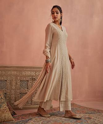 Ivory front open lace kurta set 2