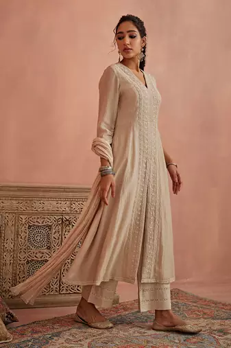 Ivory front open lace kurta set