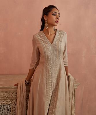Ivory front open lace kurta set 4