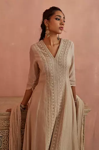 Ivory front open lace kurta set