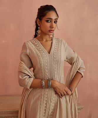 Ivory front open lace kurta set 5