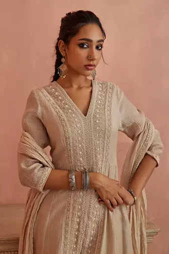 Ivory front open lace kurta set