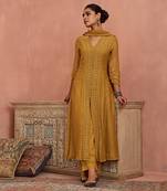 Mustard front open lace kurta set