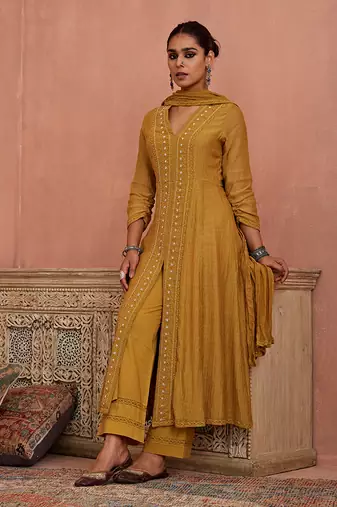 Mustard front open lace kurta set