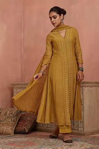 Mustard front open lace kurta set