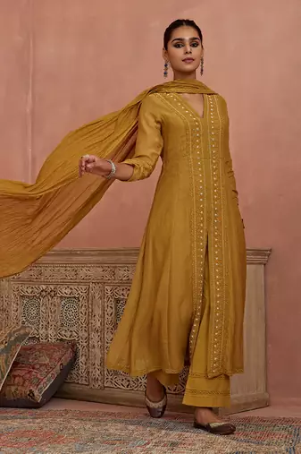 Mustard front open lace kurta set