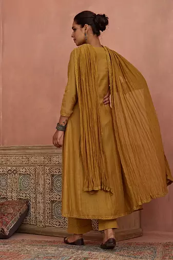 Mustard front open lace kurta set