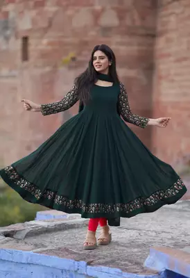 green georgette anarkali kurti set with embroidered 1