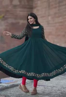 green georgette anarkali kurti set with embroidered 2