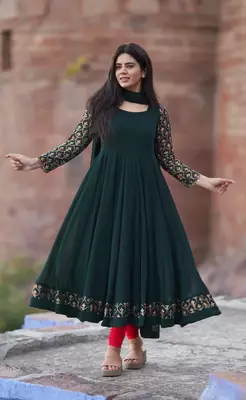 green georgette anarkali kurti set with embroidered 3