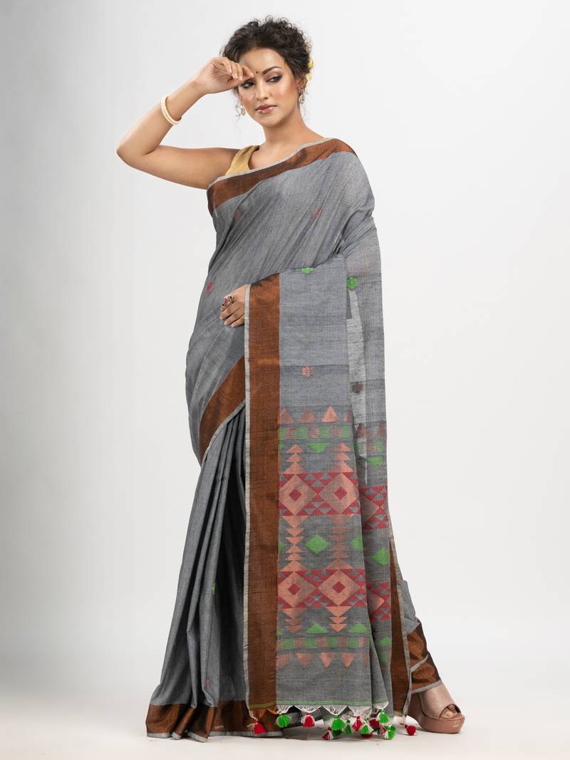 Grey cotton all body buti with diamond pallu and copper zari broder handloom jacquard saree