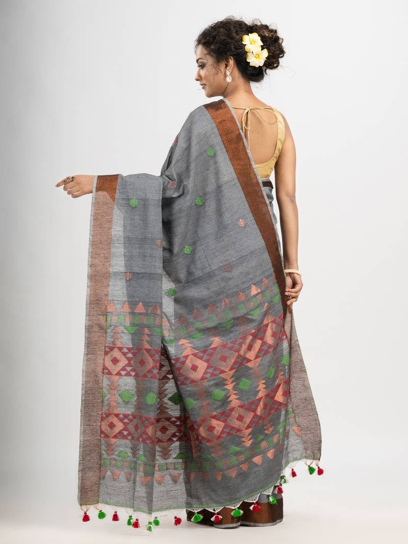 Grey cotton all body buti with diamond pallu and copper zari broder handloom jacquard saree