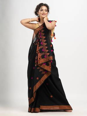 Black cotton all body buti with diamond pallu and copper zari broder handloom jacquard saree 2