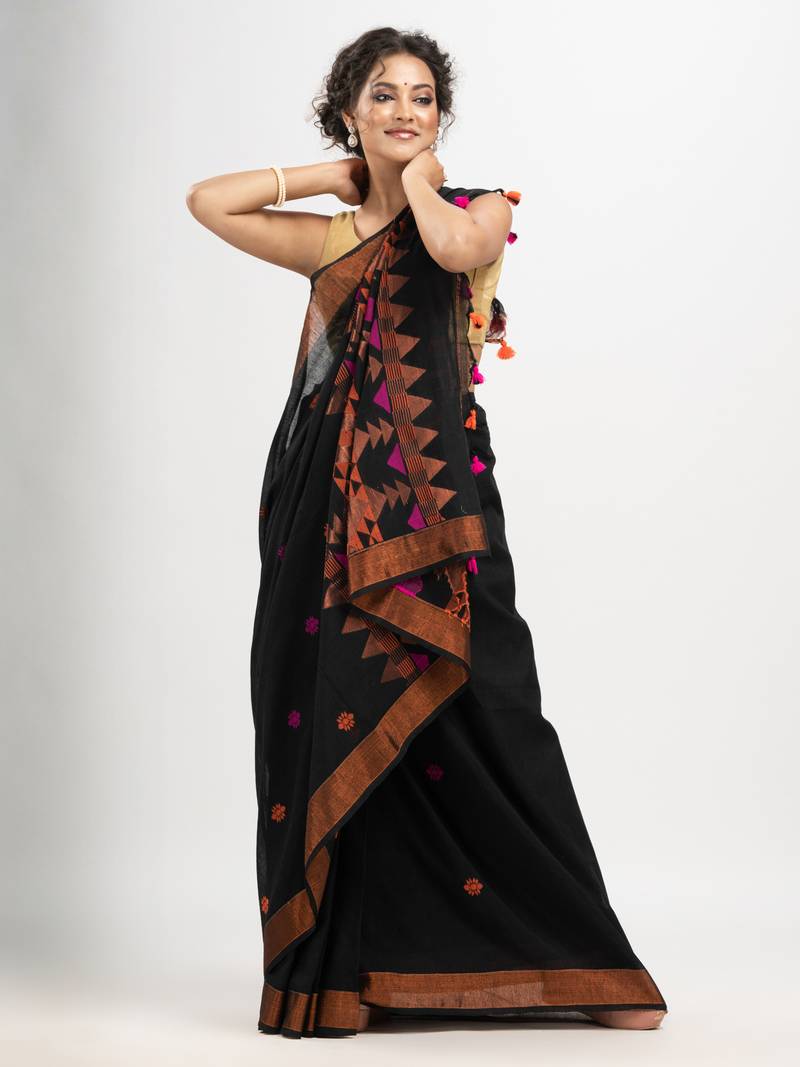 Black cotton all body buti with diamond pallu and copper zari broder handloom jacquard saree