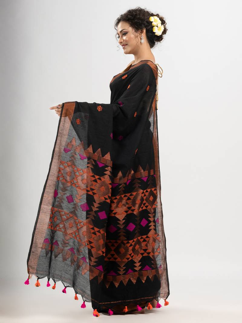 Black cotton all body buti with diamond pallu and copper zari broder handloom jacquard saree