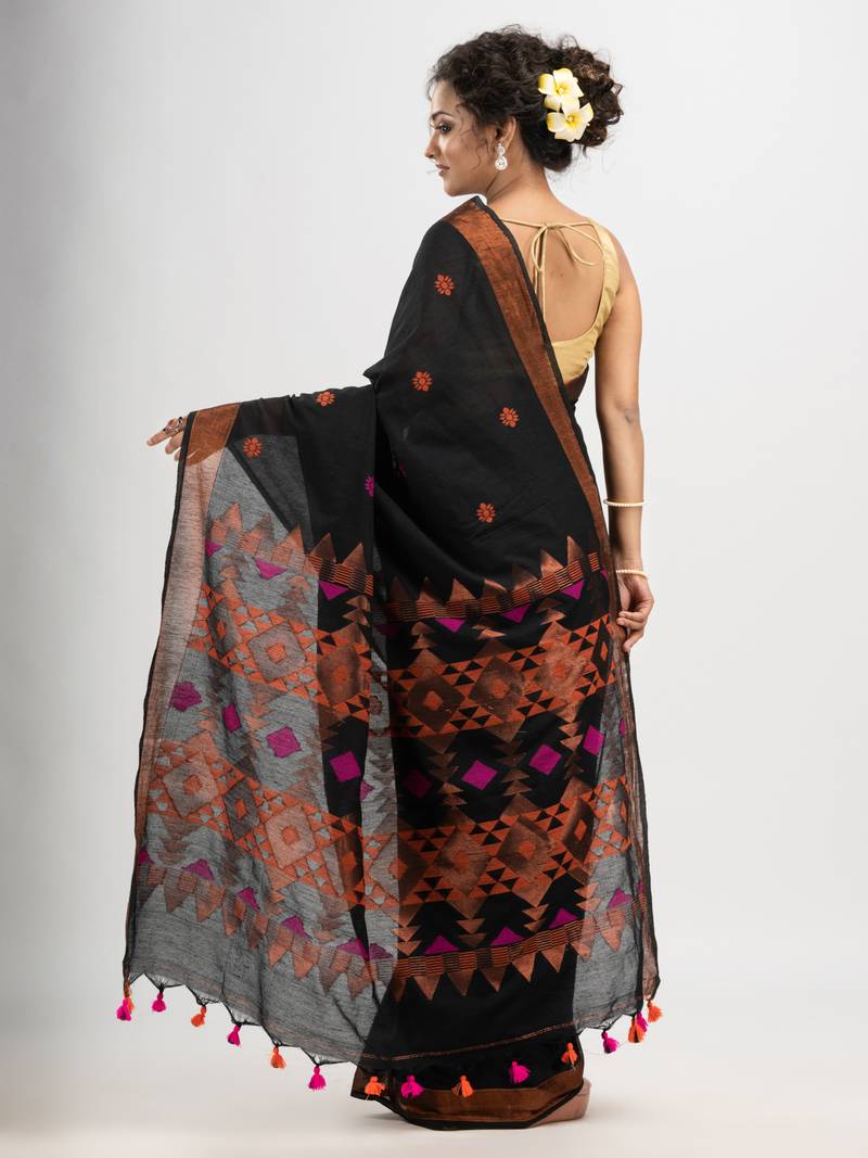 Black cotton all body buti with diamond pallu and copper zari broder handloom jacquard saree