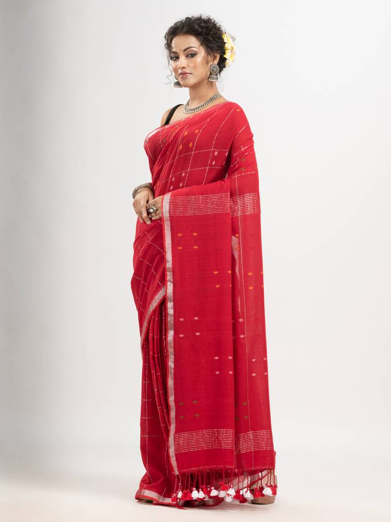 Red cotton all body buti and stripe with gold zari broder handloom saree