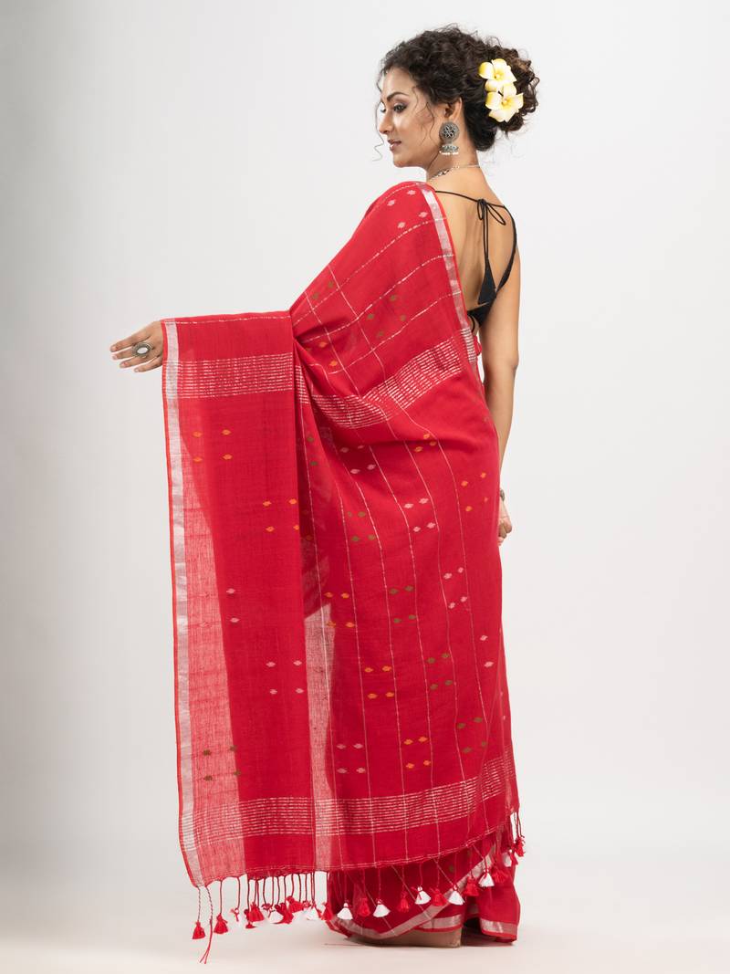 Red cotton all body buti and stripe with gold zari broder handloom saree