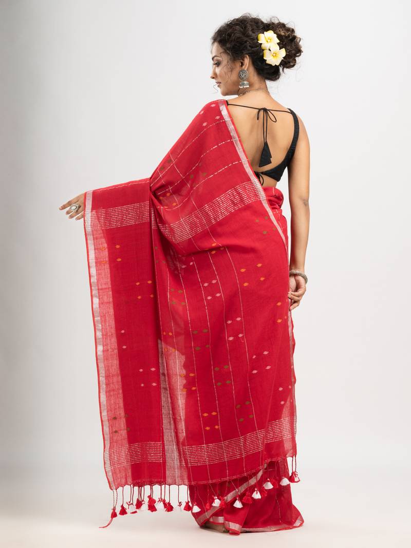 Red cotton all body buti and stripe with gold zari broder handloom saree