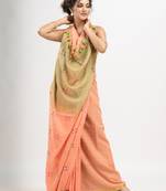 Petite Peach cotton all body buti and stripe with gold zari broder handloom saree