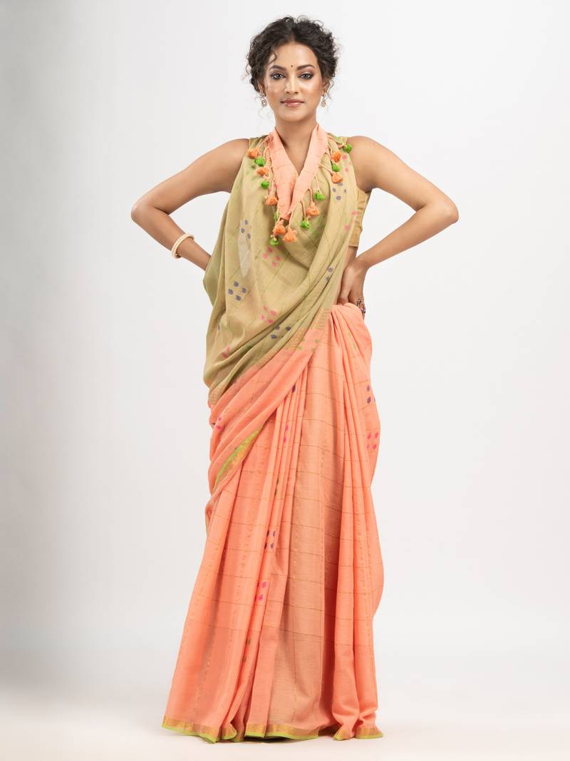 Petite Peach cotton all body buti and stripe with gold zari broder handloom saree