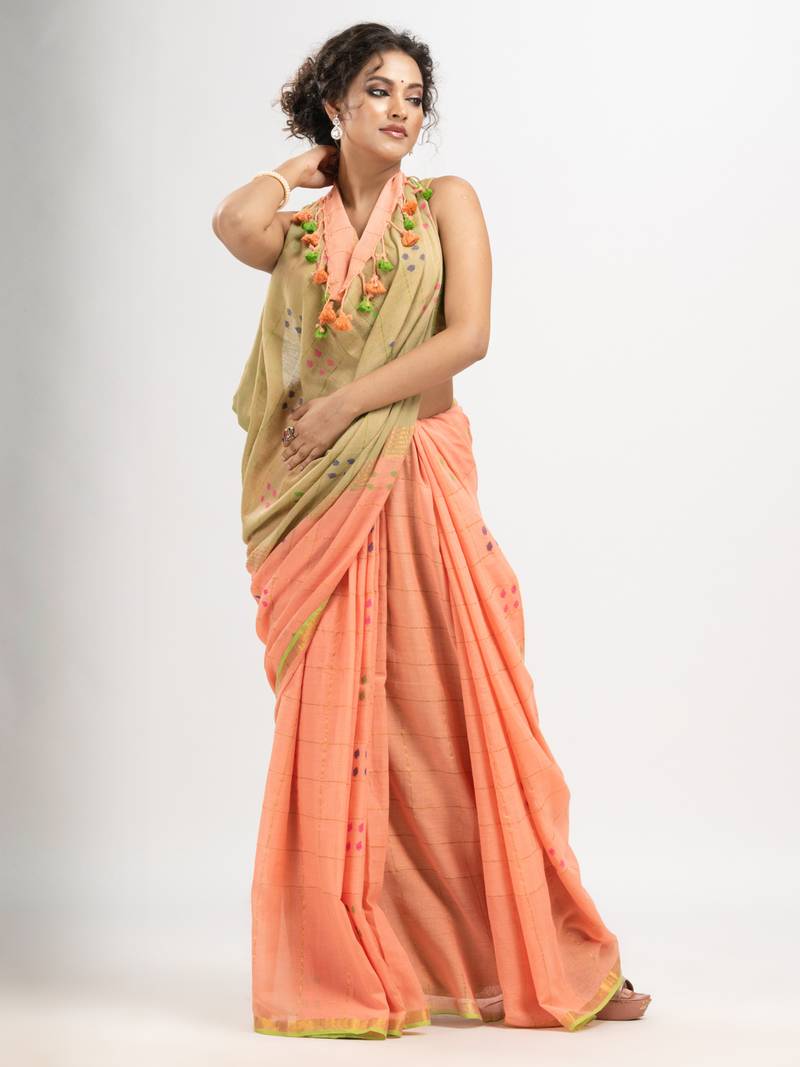 Petite Peach cotton all body buti and stripe with gold zari broder handloom saree