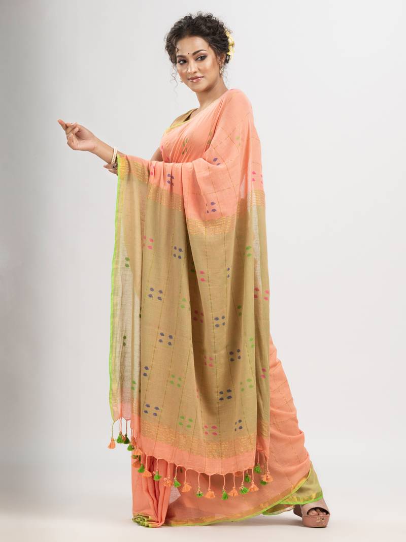 Petite Peach cotton all body buti and stripe with gold zari broder handloom saree