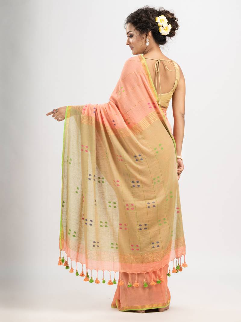 Petite Peach cotton all body buti and stripe with gold zari broder handloom saree