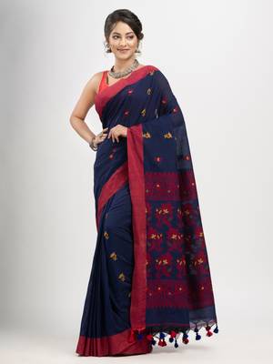Nevy Blue cotton all body buti with kalka pallu and solid broder handloom jacquard saree 1