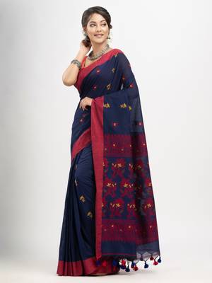 Nevy Blue cotton all body buti with kalka pallu and solid broder handloom jacquard saree 2