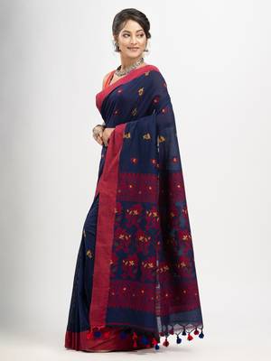 Nevy Blue cotton all body buti with kalka pallu and solid broder handloom jacquard saree 3